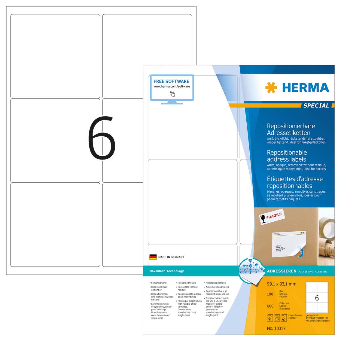 HERMA Special - Papier - selbstklebend, neu positionierbar - weiß - 99.1 x 93.1 mm 600 Etikett(en) (100 Bogen x 6)