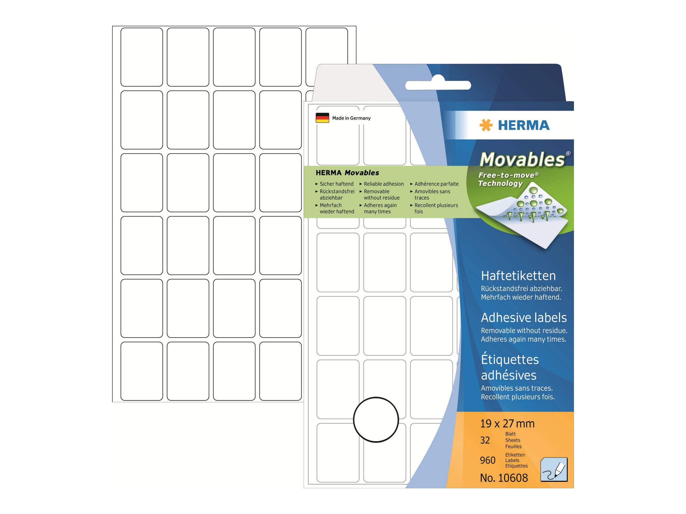 Herma Movables Haftungsetiketten-Packung mit weißen rechteckigen Etikettenblättern, 19 x 27 mm, 32 Etiketten pro Blatt, insgesamt 960 Stück.