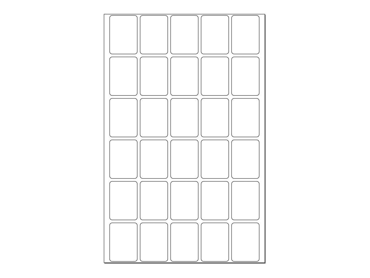Leeres Blatt mit abgerundeten rechteckigen Etiketten, angeordnet in einem 6x5-Raster, wie bedruckbares Aufkleber- oder Vorlagenpapier.