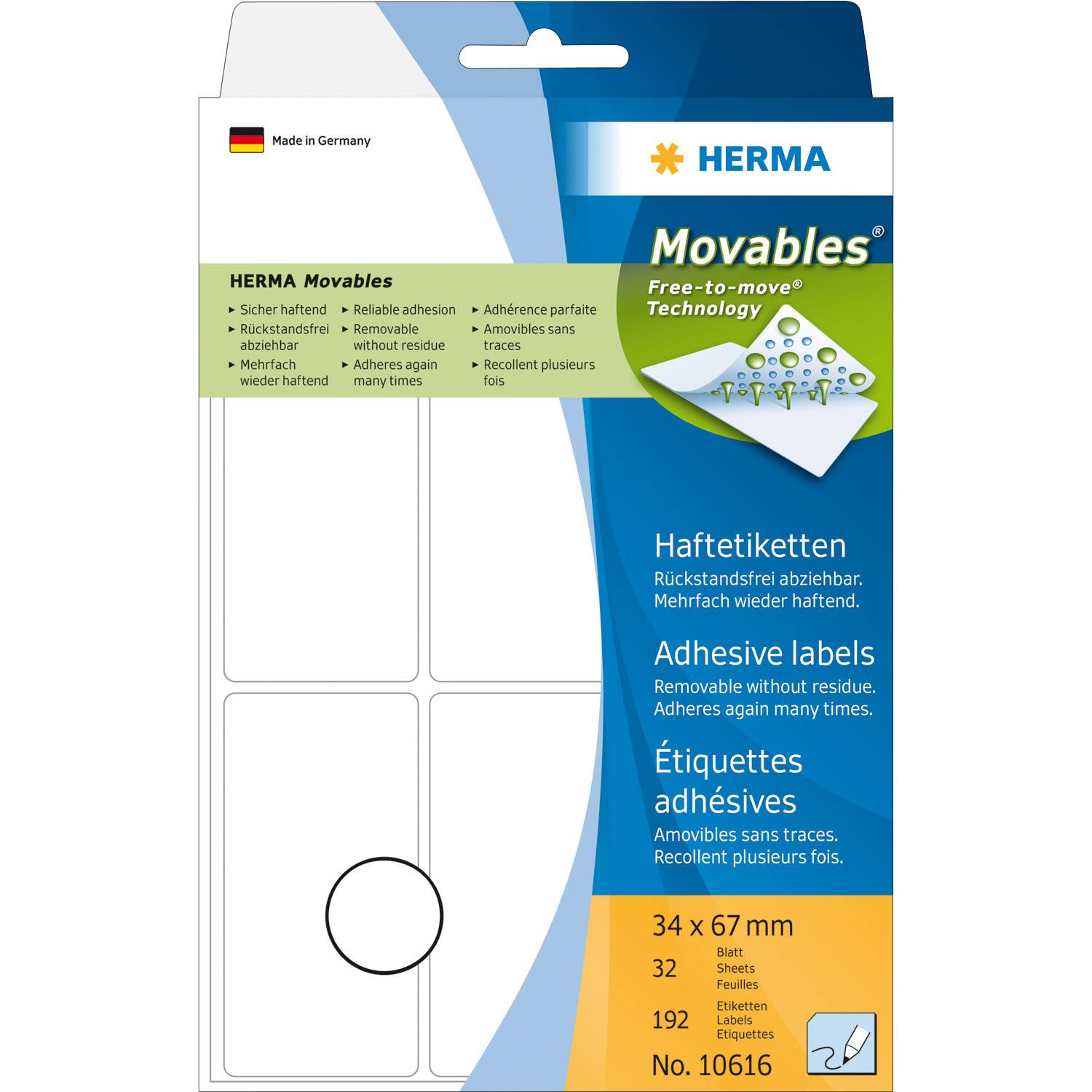 HERMA Movables - Selbstklebend - weiß - 34 x 67 mm 192 Stck. (32 Bogen x 6)