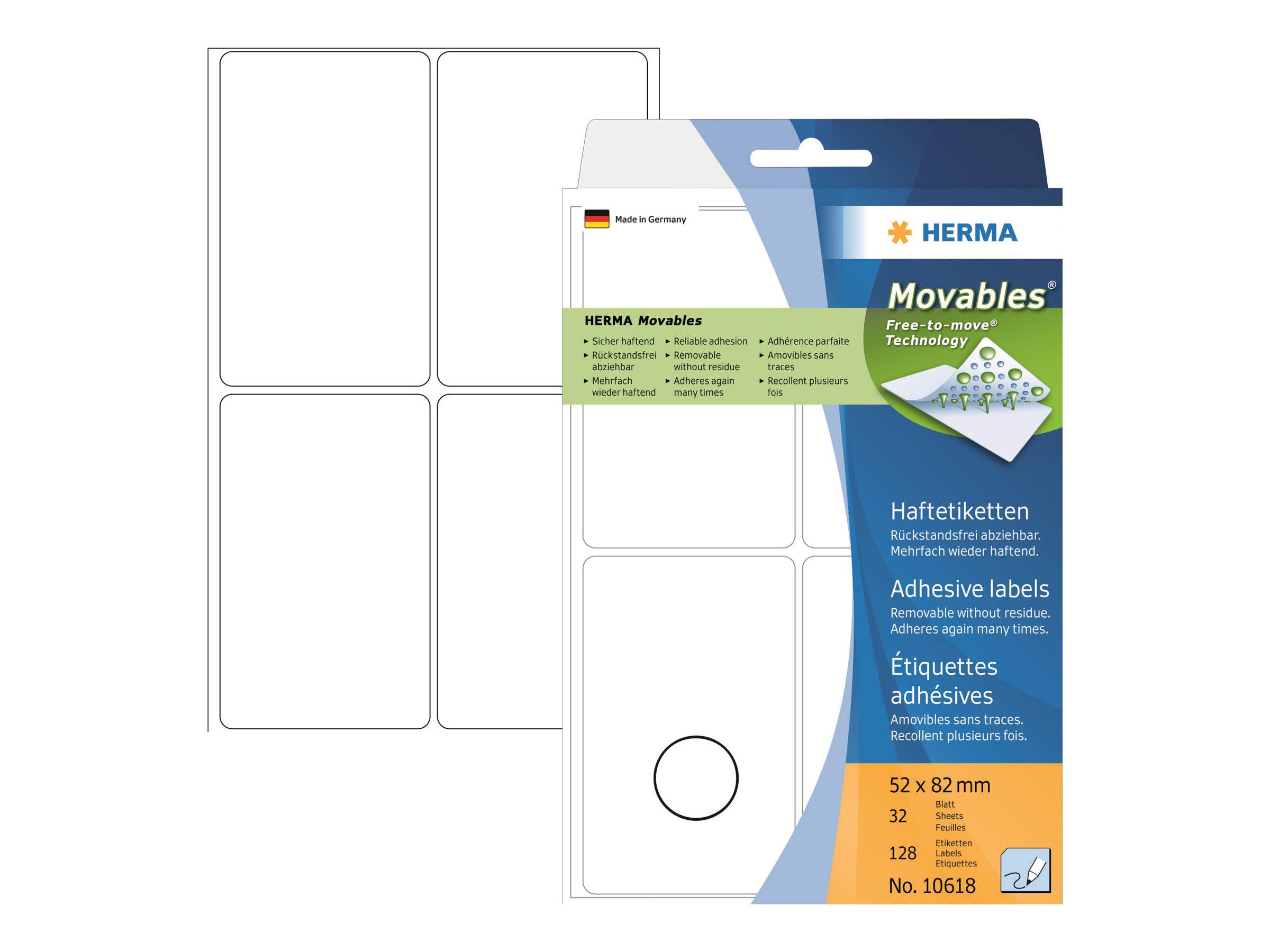 HERMA Movables - Matt - selbstklebend, entfernbarer Klebstoff - weiß - 52 x 82 mm 128 Rolle(n) (32 Bogen x 4)