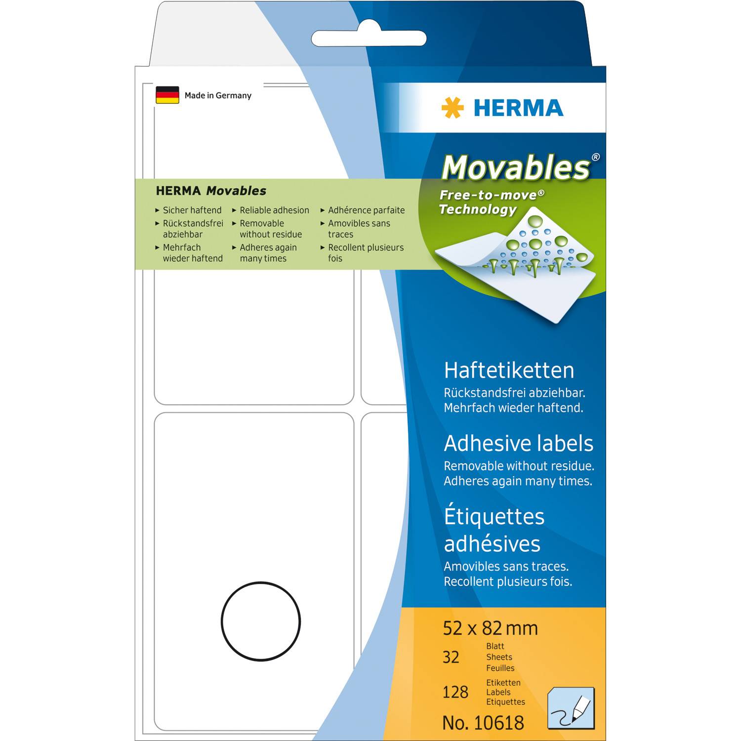 HERMA Movables - Matt - selbstklebend, entfernbarer Klebstoff - weiß - 52 x 82 mm 128 Rolle(n) (32 Bogen x 4)