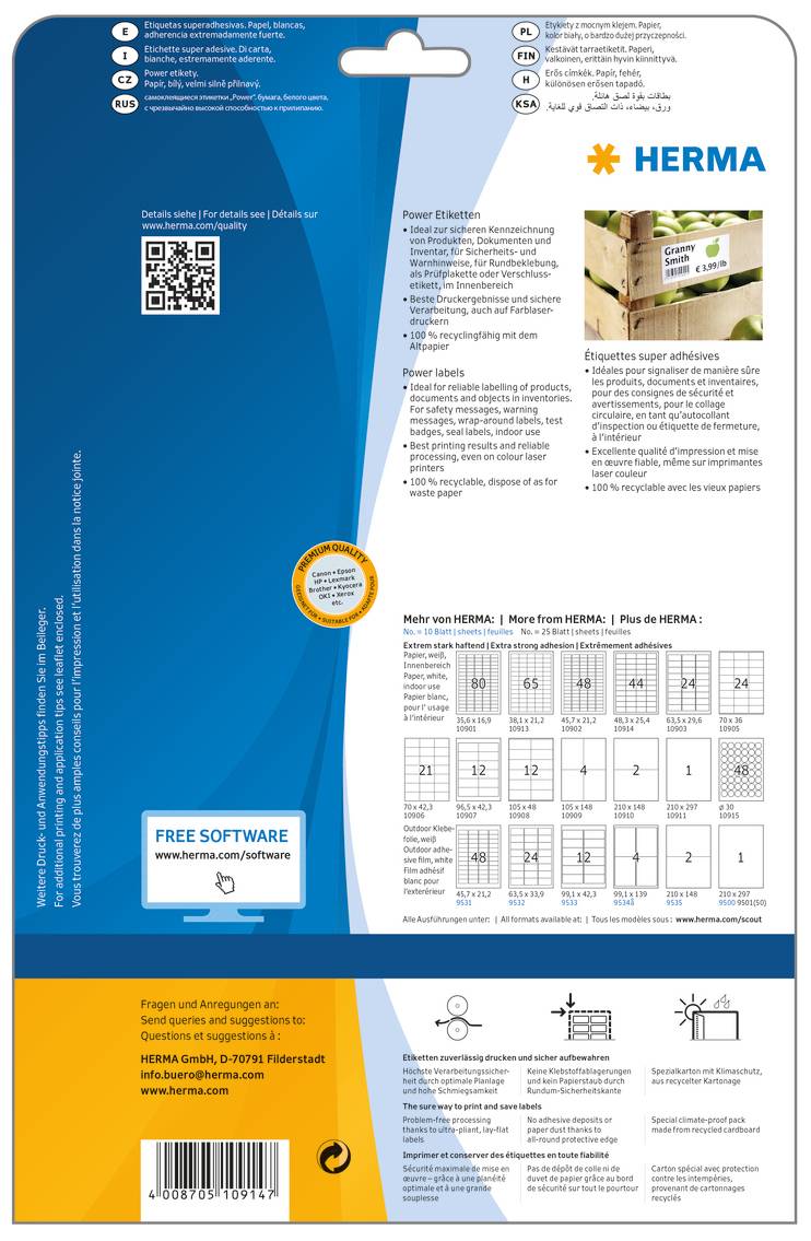 HERMA Etiketten A4 48.3x25.4 mm weiß extrem stark haftend Papier matt 1100 St., Weiß, Rechteck, Dauerhaft, Papier, Matte, Laser/Inkjet