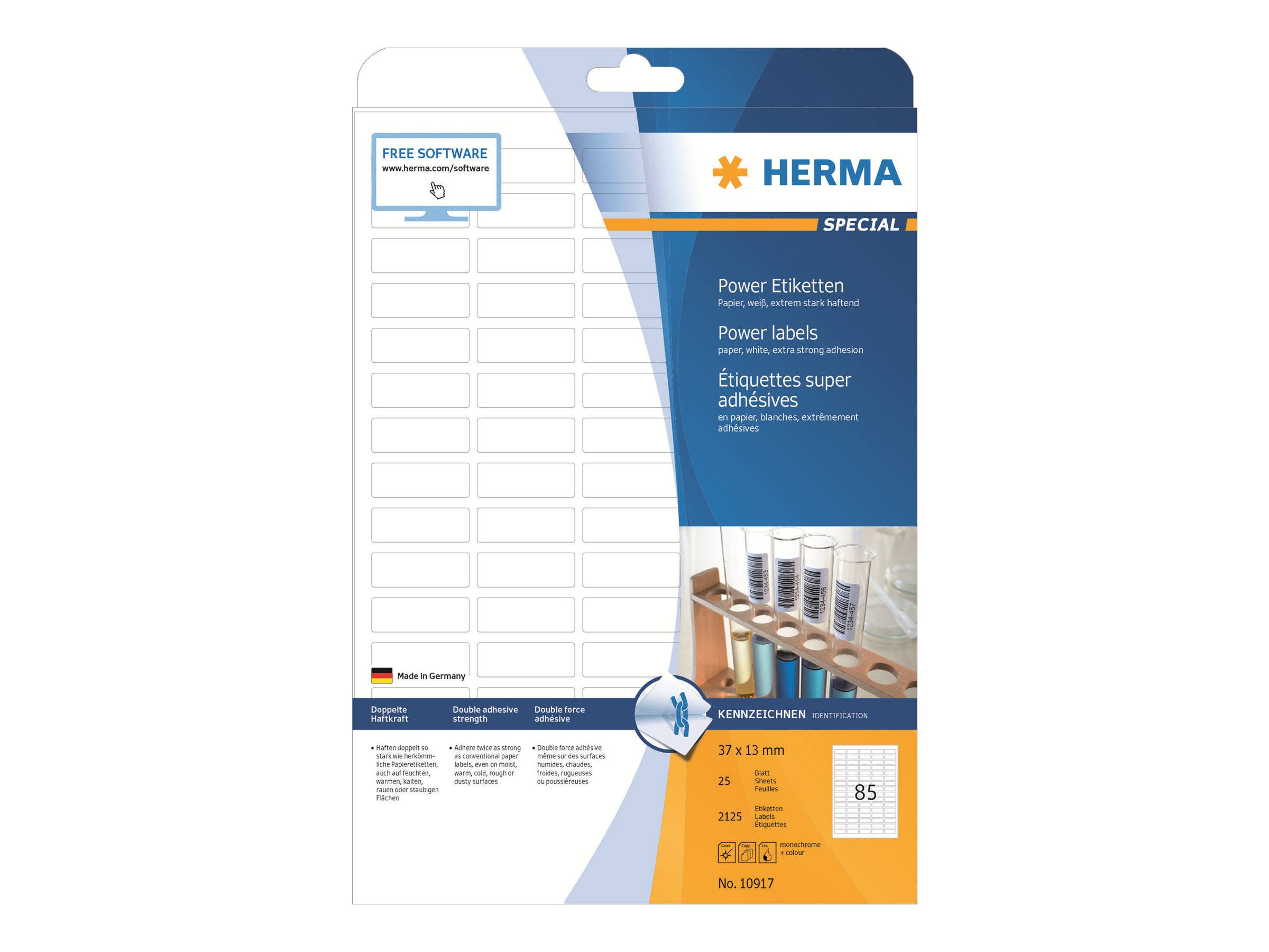 Verpackung für HERMA Spezial-Kraftetiketten, zeigt blanke Etikettenbogen mit Klebstoff und Produktdetails für 37 x 13 mm Etiketten, 25 Blatt, 875 Etiketten.