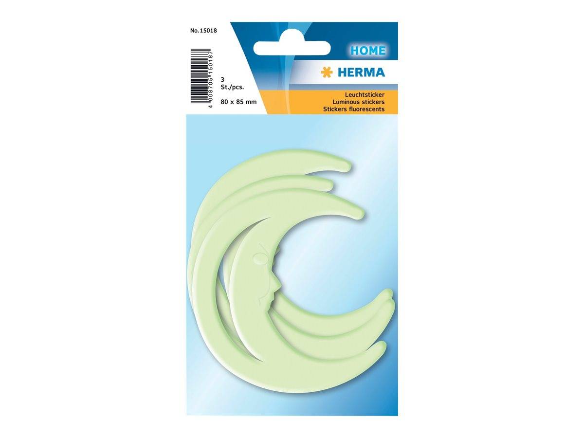 Paket mit drei leuchtenden Mondsichel-Aufklebern von Herma, mit der Bezeichnung „Leuchtsticker/Luminous stickers