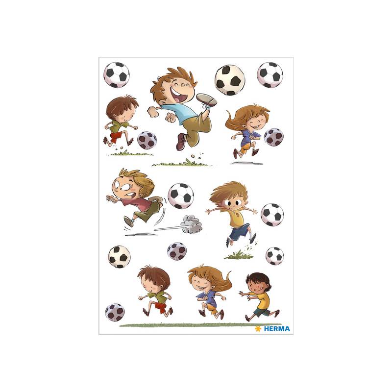 Illustrationen von Kindern, die in verspielten Posen auf weißem Hintergrund rennen, springen und Fußbälle treten.