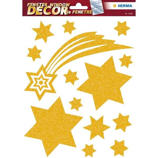 Packung mit goldenem Glitzer-Stern-Fensteraufklebern mit einem großen Sternschnuppe und mehreren kleineren Sternen auf weißem Hintergrund.