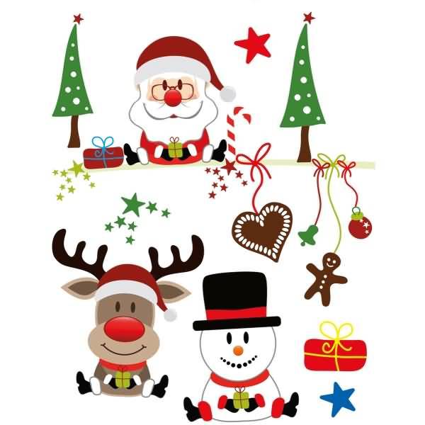 Weihnachts-Clip-Art-Collage mit dem Weihnachtsmann, zwei geschmückten Bäumen, einem Rentier, einem Schneemann, Geschenken, Zuckerstangen, Ornamenten, Sternen und Lebkuchenfiguren auf weißem Hintergrund.
