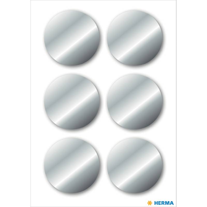 Sechs blanko silberne kreisförmige Etiketten, die in zwei Spalten und drei Reihen auf weißem Hintergrund angeordnet sind, mit HERMA-Logo unten rechts.