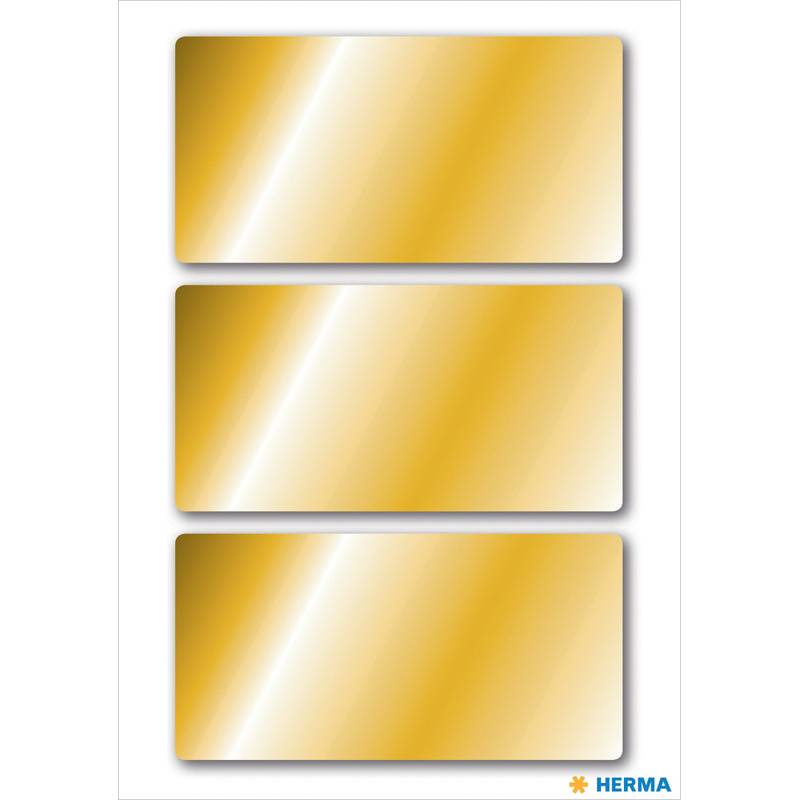 Drei leere Goldverlauf-Etikettensticker übereinander gestapelt, mit abgerundeten Ecken und dem HERMA-Logo unten rechts.