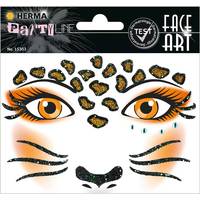 Gesichtsbemalung Gesichtssticker mit orangefarbenen Katzenaugen, Schnurrhaaren, Nase und glitzernden Flecken für einen felinen Look.