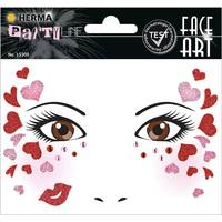 Gesichtsbemalung-Aufkleberset mit braunen Augen, roten Glitzer-Herzen, Lippen und Gesichtsakzenten für einen Party-Look.
