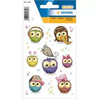 Paket mit MAGIC HERMA Eulen-Aufklebern mit sechs bunten Cartoon-Eulen, jede mit unterschiedlichen Accessoires, auf einer weißen Rückseite.