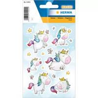 Packung Magic Herma Einhornaufkleber auf hellblauem Hintergrund mit mehreren regenbogenmähnigen Cartoon-Einhörnern und gelben Sternen.
