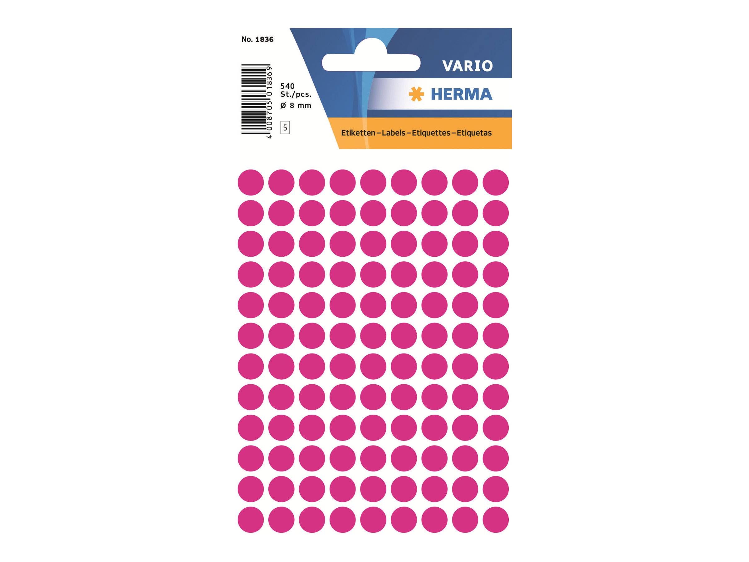Packung HERMA VARIO runde rosa Klebeetiketten, 540 Etiketten, 8 mm Durchmesser