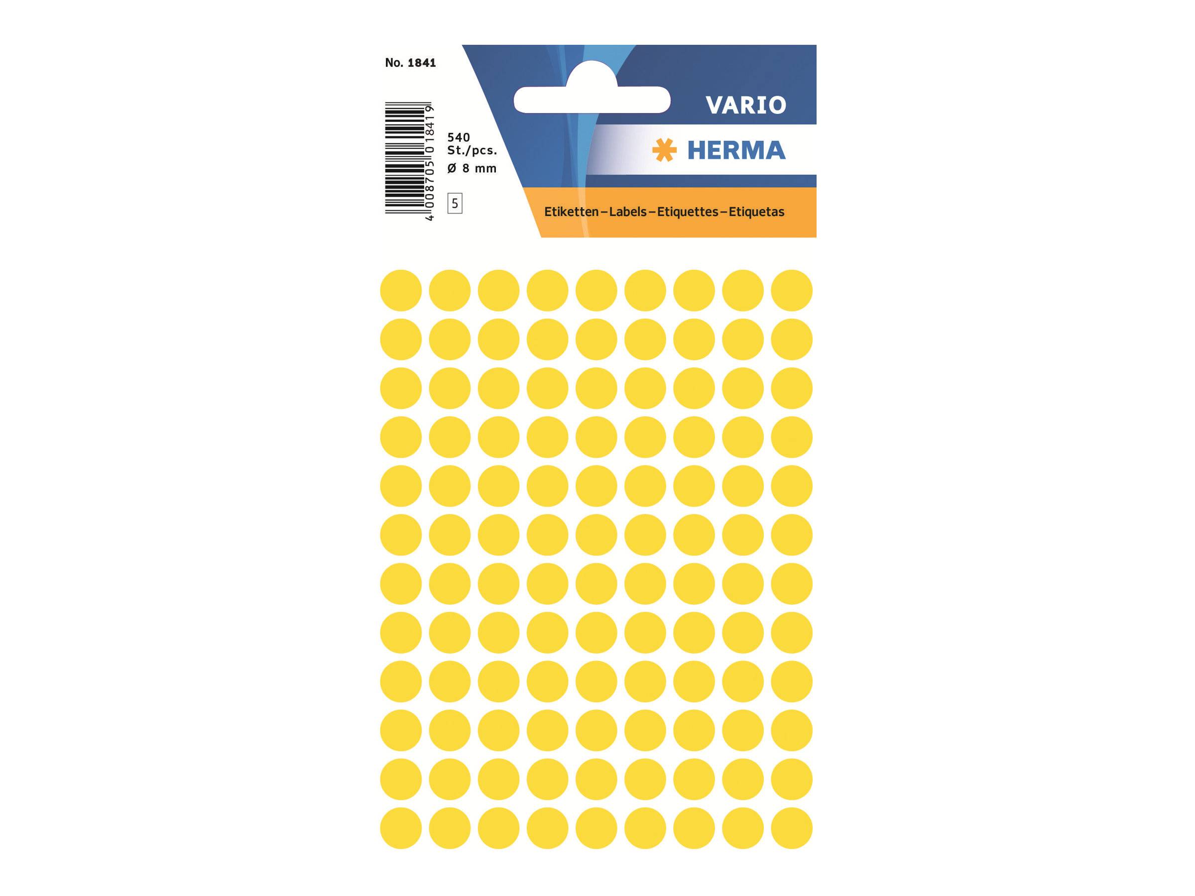 Packung mit Herma Vario runden gelben Etiketten, 540 selbstklebende Aufkleber, 8 mm