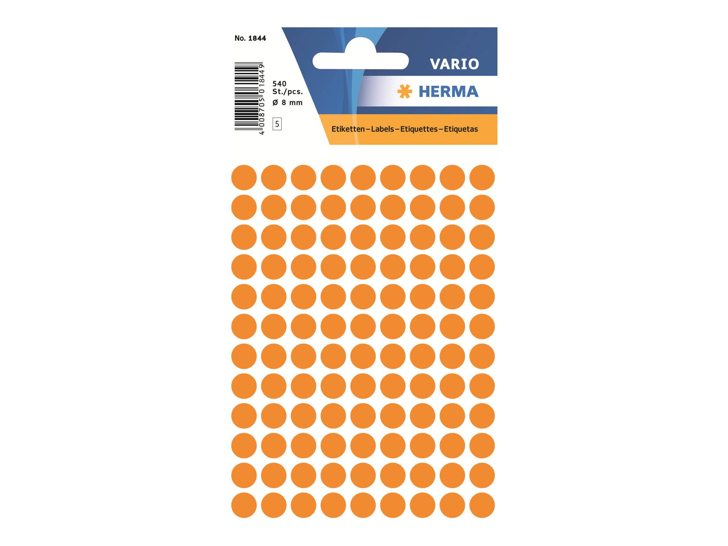 Blatt mit runden orangefarbenen HERMA VARIO-Klebeetiketten, 540 Stück, 8 mm, gezeigt auf einer Verpackung mit Barcode und Produkttext.