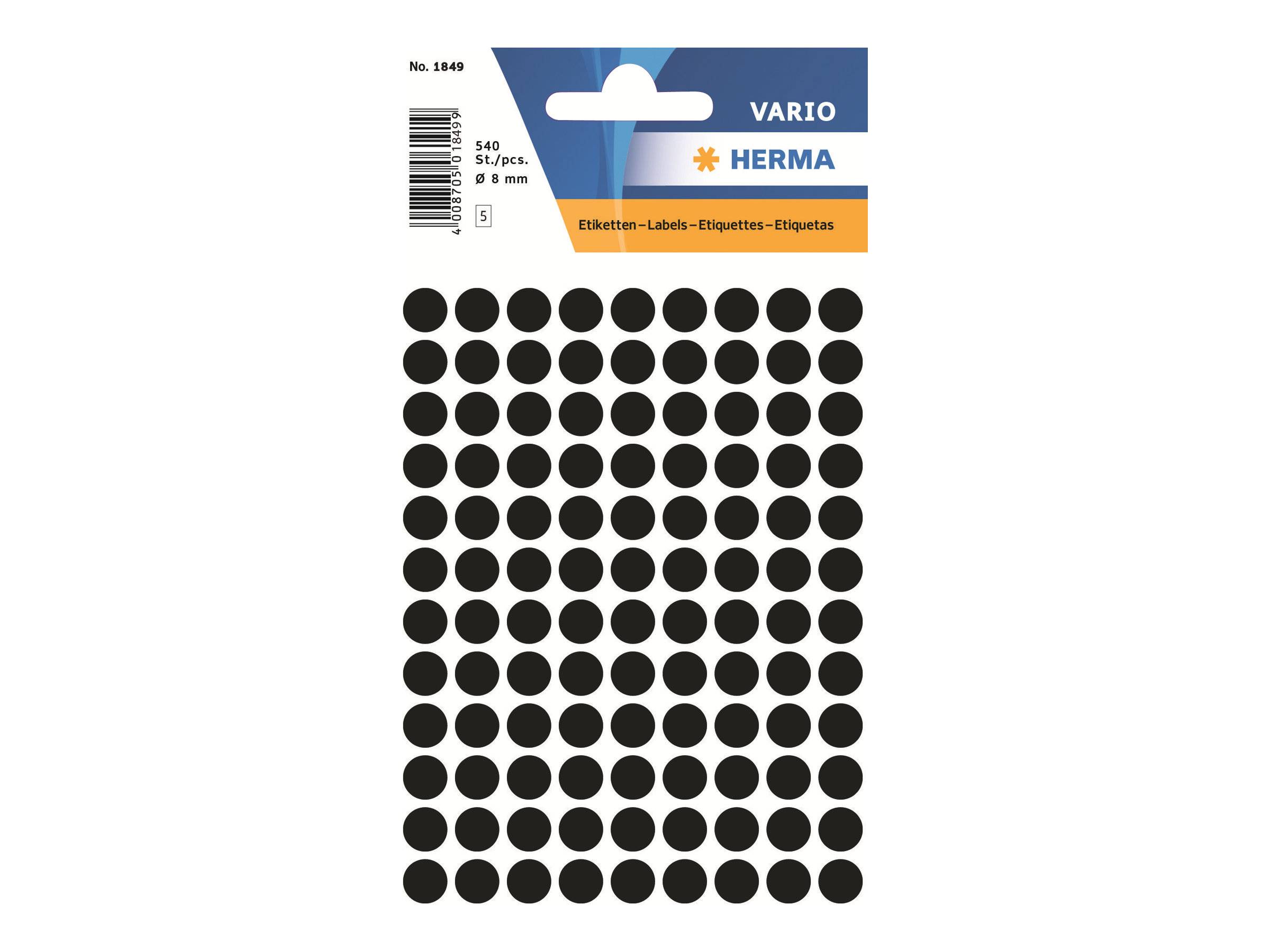Packung mit HERMA VARIO runden schwarzen Haftetiketten, 540 Etiketten, 8 mm Durchmesser.