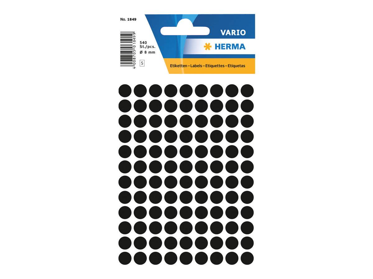 Blatt mit schwarzen runden Haftetiketten mit 540 Punkten, je 8 mm, Marke VARIO HERMA.