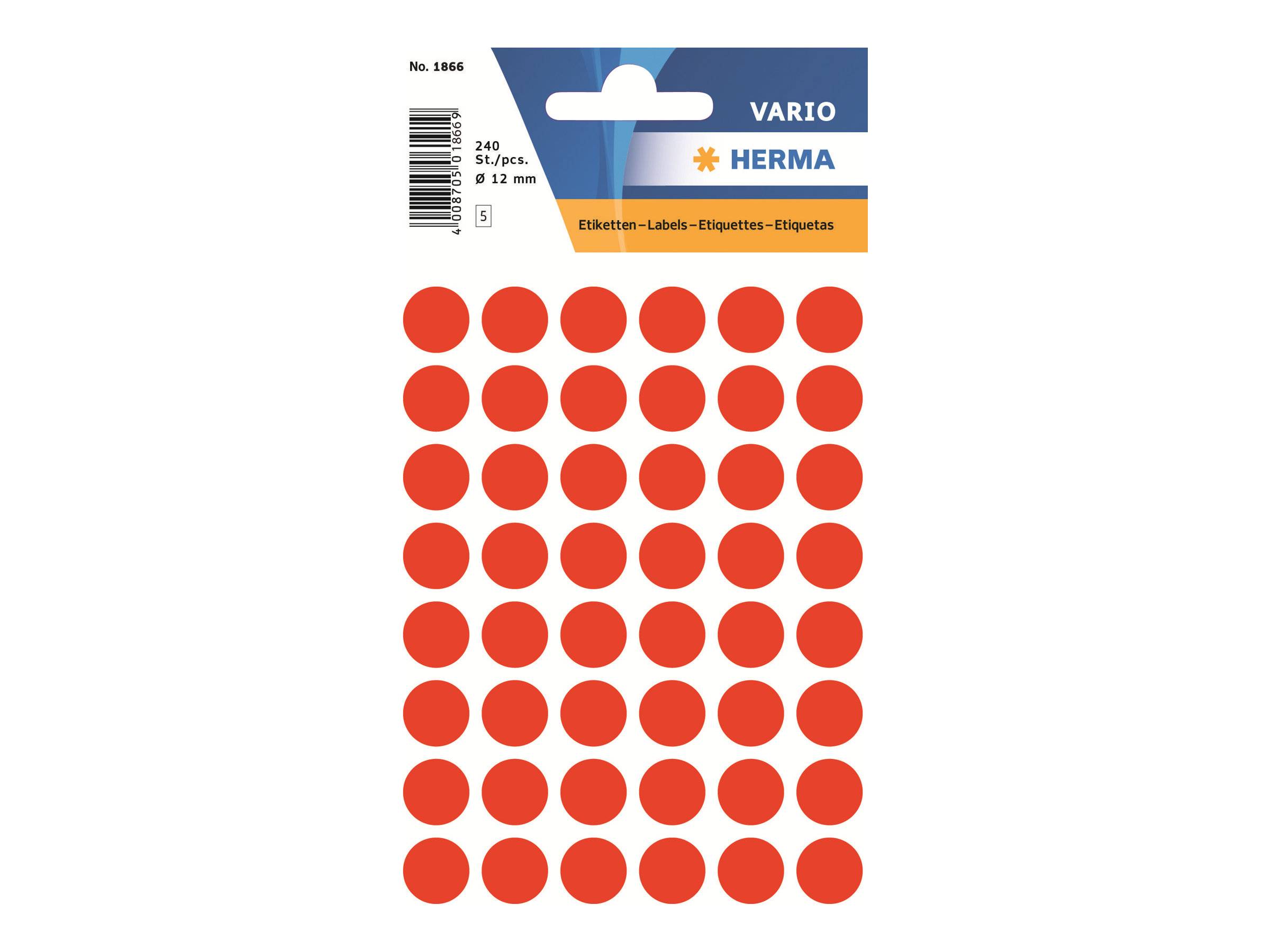 HERMA - Papier - selbstklebend - Luminous Red - 12 mm rund 240 Etikett(en) (5 Bogen x 48)