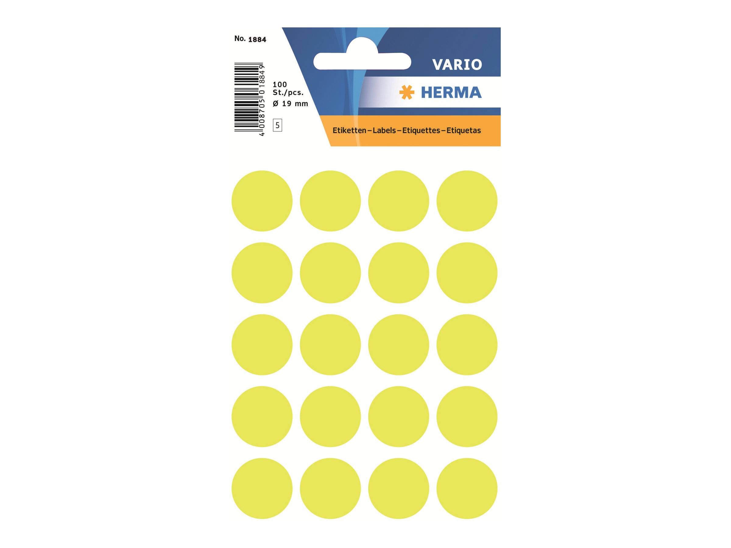 Paket mit HERMA VARIO runden gelben Etiketten, 100 Etiketten in einem 5-mal-4-Blatt-Layout mit Barcode und mehrsprachigem Etikettentexten.