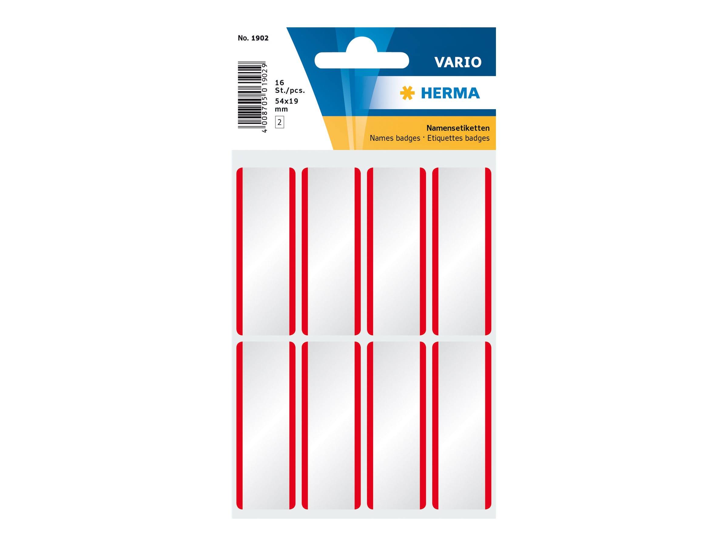 Packung HERMA Vario Namensetiketten, dargestellt als ein Blatt mit schmalen weißen Klebeetiketten mit roten Randlinien, 54 x 19 mm, 16 Etiketten pro Packung.