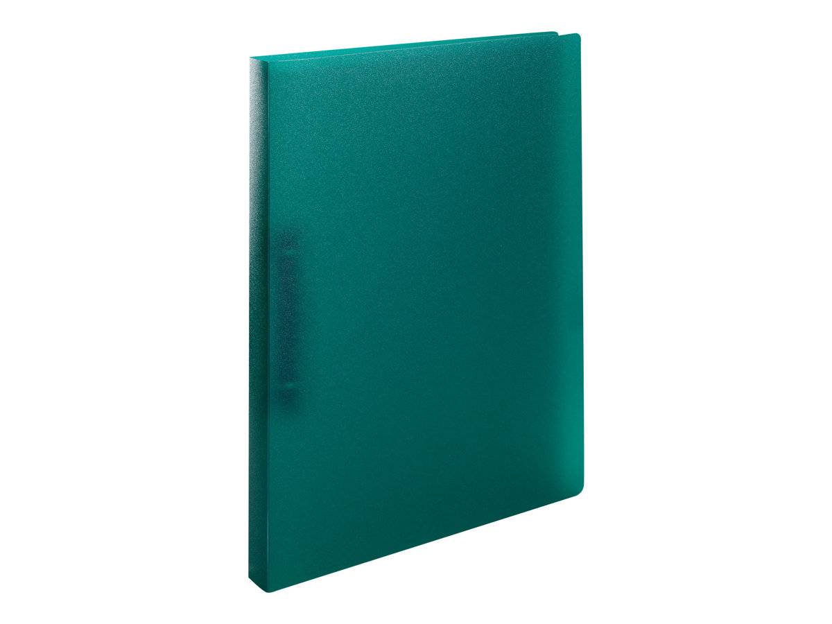 Einfaches grünes Hardcover-Notizbuch oder Ordner, aufrecht auf weißem Hintergrund stehend.