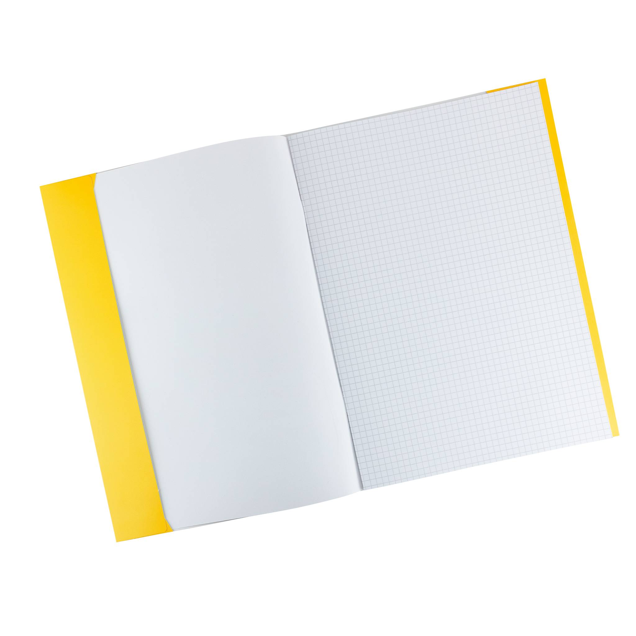 Leeres Notizbuch mit gelbem Umschlag und Millimeterpapierseiten, in perspektivischer Ansicht auf weißem Hintergrund.