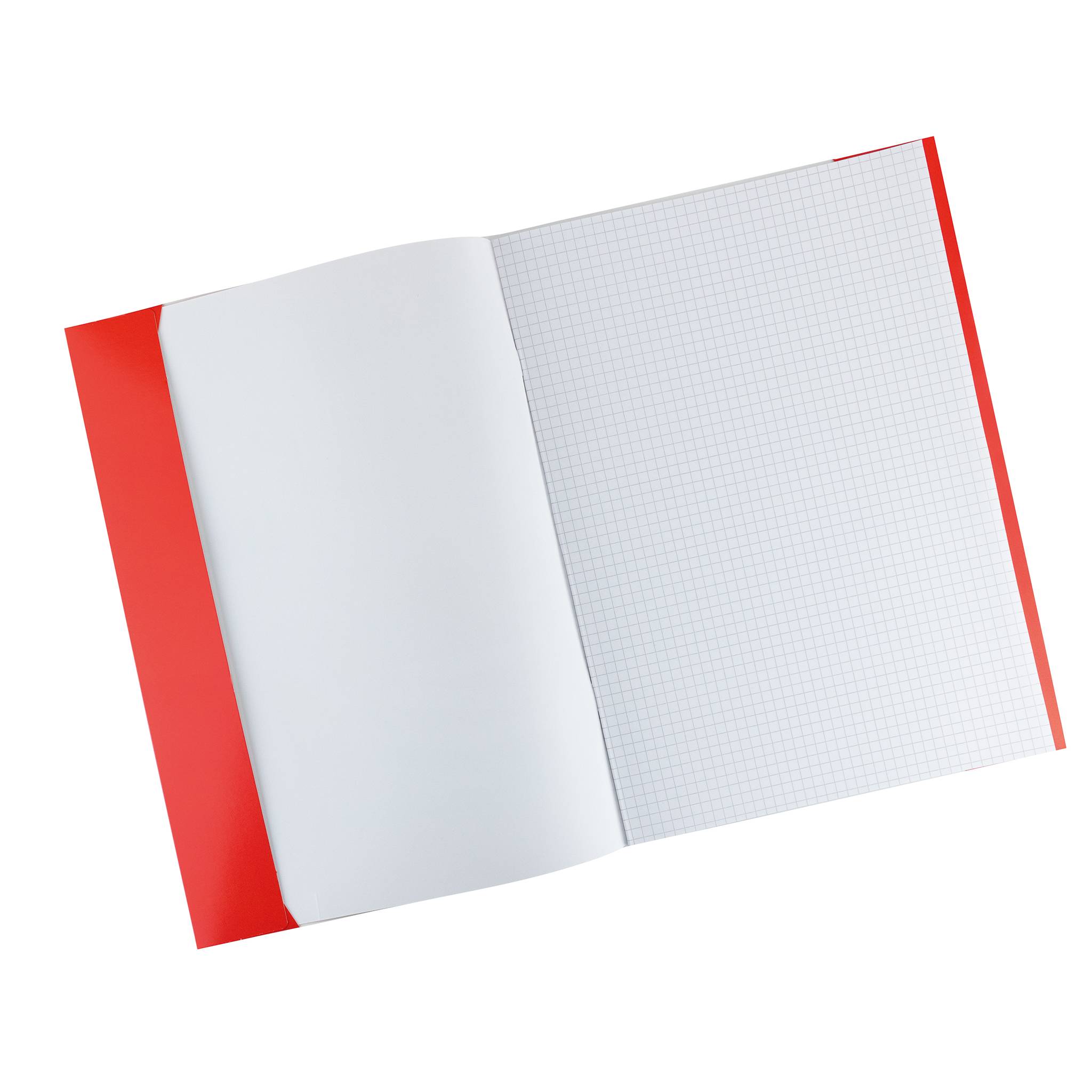 Ein offenes rotes Notizbuch mit leeren Seiten, eine Seite glatt und die andere Millimeterpapier.