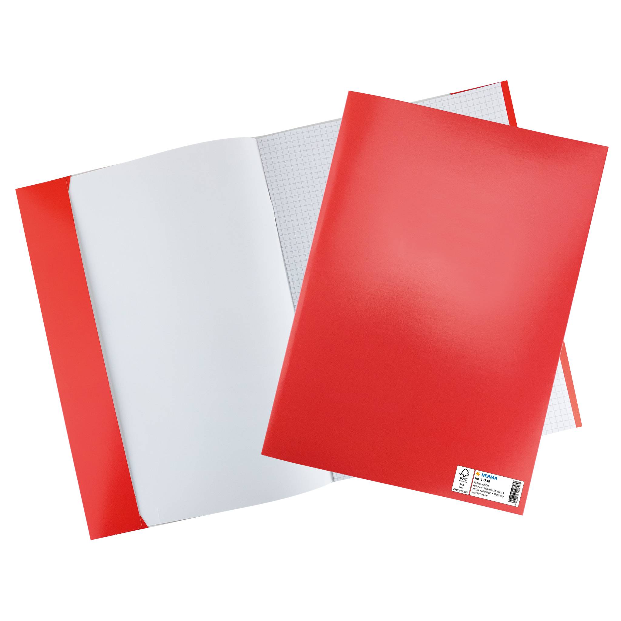 Rote Büromappe mit weißem Etikett, geöffnet, um Linienpapier darin zu enthüllen.