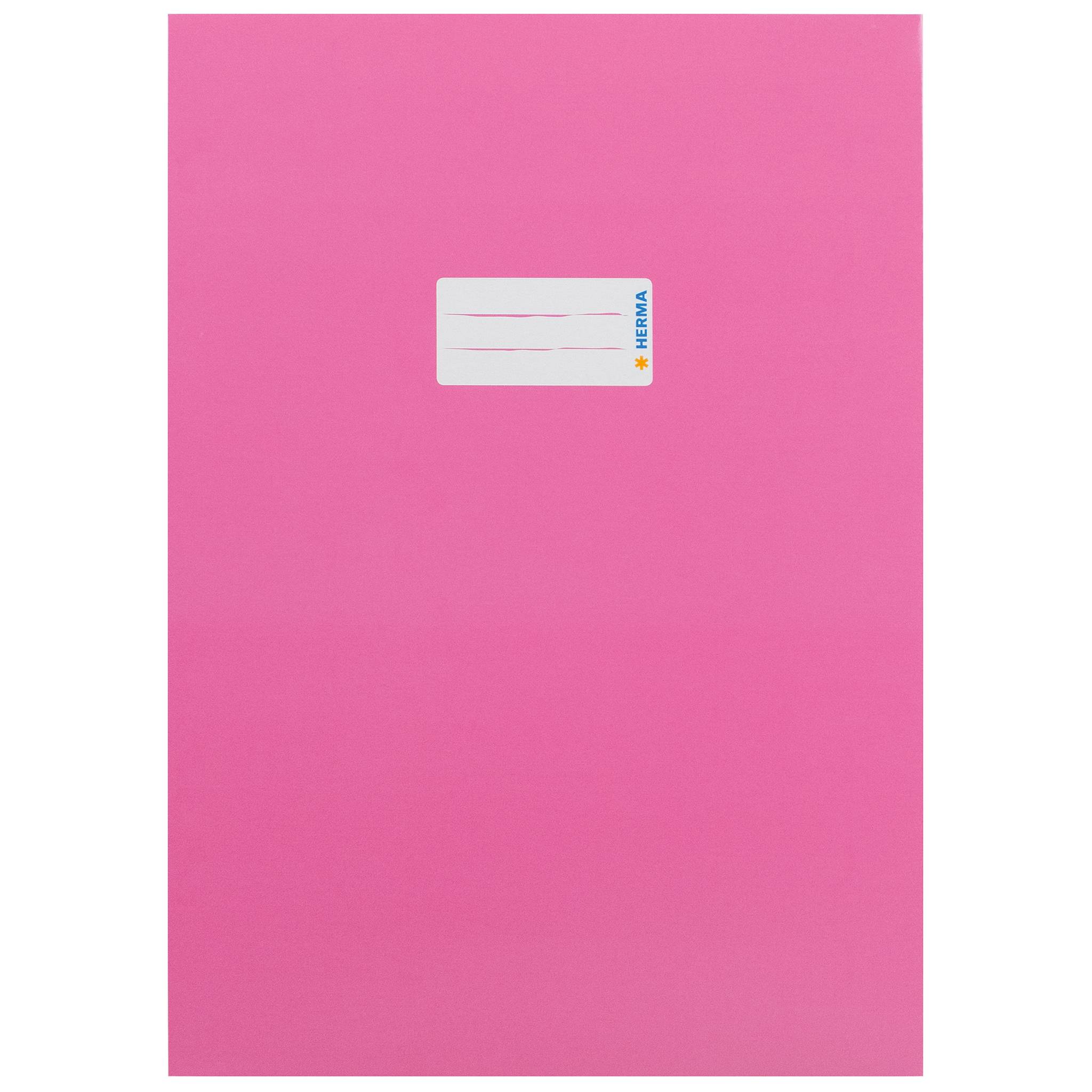 Rosa Notizbuch oder Ordnerdeckel mit einem kleinen leeren weißen Etikett in der Nähe der Oberkante in der Mitte, auf der rechten Kante mit "HERMA"" gekennzeichnet.