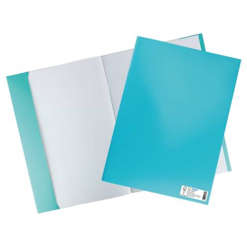 Zwei türkisfarbene Aktenmappen, die sich auf schwarzem Hintergrund überlappen, eine davon offen mit sichtbaren leeren weißen Seiten und Millimeterpapier.