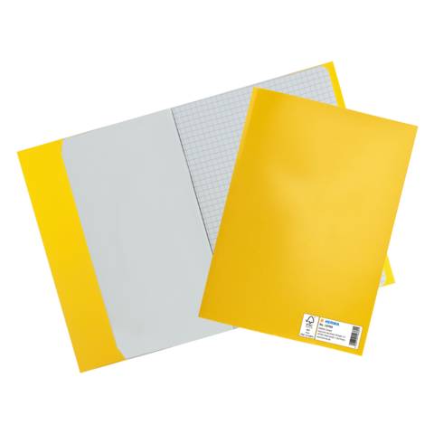 Zwei gelbe Dokumentenmappen auf schwarzem Hintergrund, eine offen mit sichtbarem Millimeterpapier und eine geschlossen mit einem kleinen Etikett.