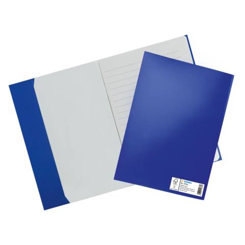Zwei blaue Schulordner auf schwarzem Hintergrund, einer offen und zeigt liniertes Papier darin, einer geschlossen davor.