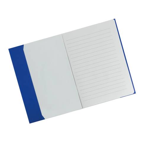 Offenes liniertes Notizbuch mit blauem Einband, in schräger Perspektive auf weißem Hintergrund dargestellt.