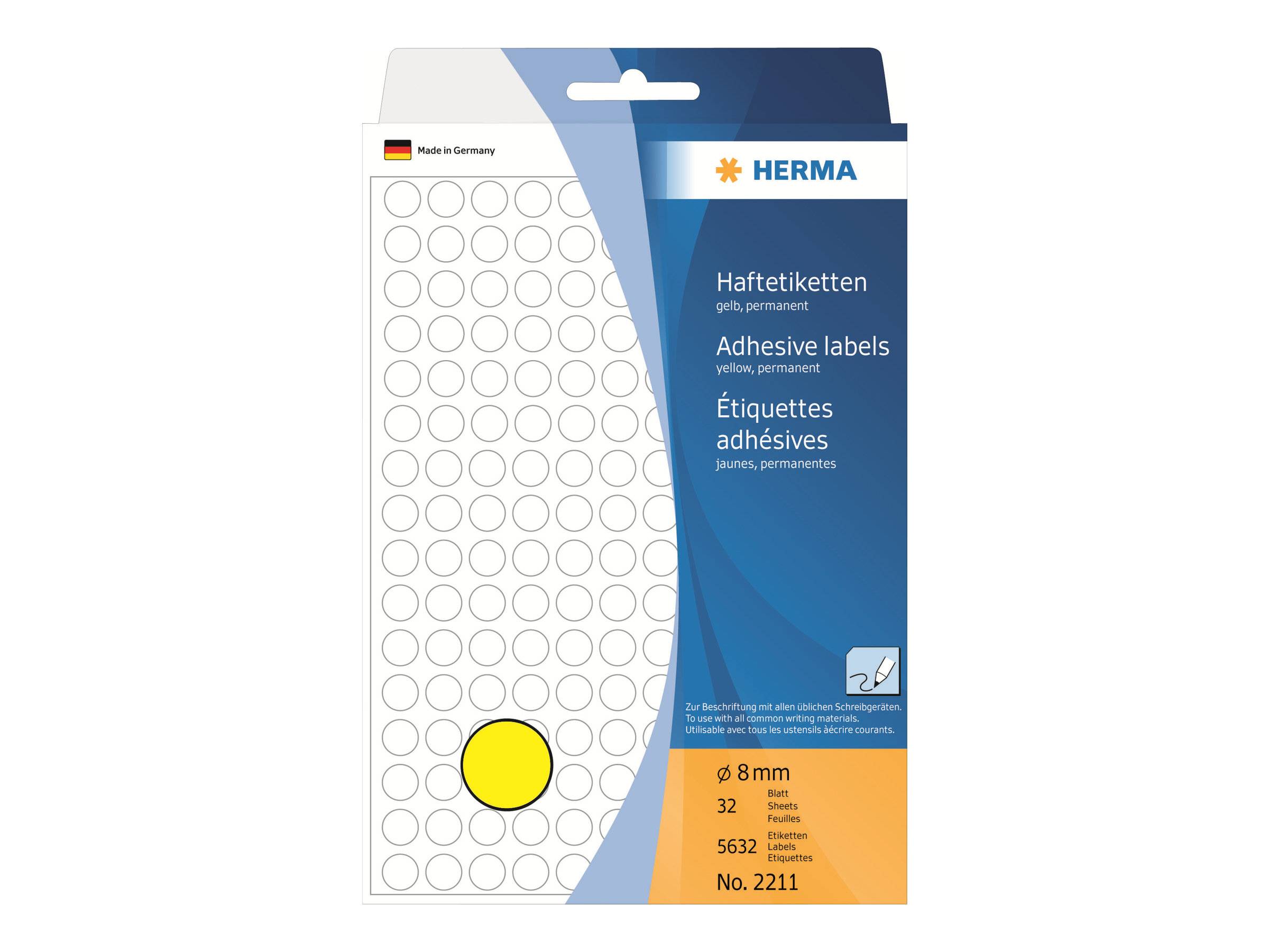 Packung mit HERMA Klebeetiketten, gelbe permanente runde Aufkleber, 8 mm, 32 Blatt, Artikelnummer 2211.