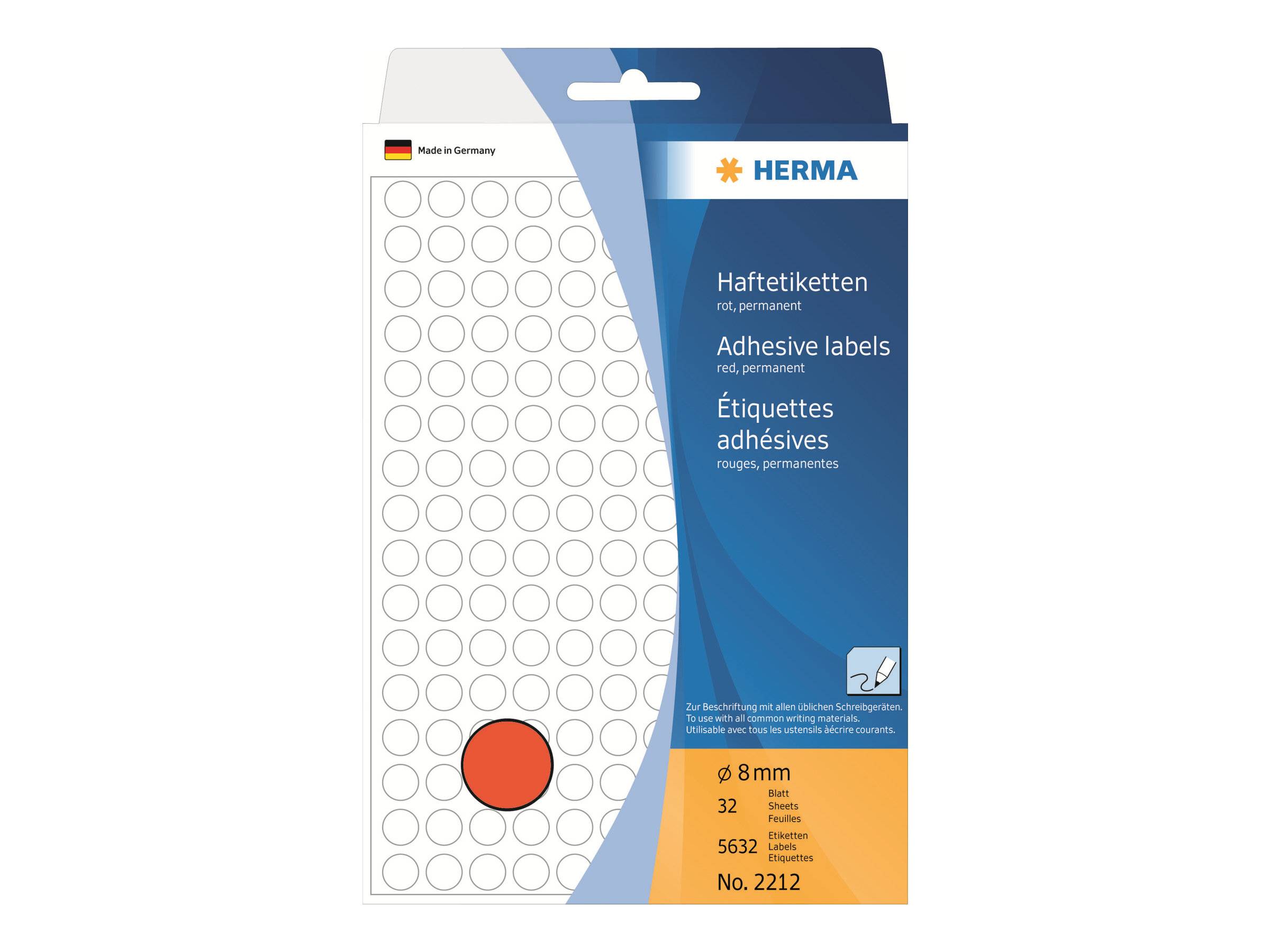 Packung HERMA Haftetiketten, rot, permanent haftend, mit 32 runden 8-mm-Etiketten pro Blatt.