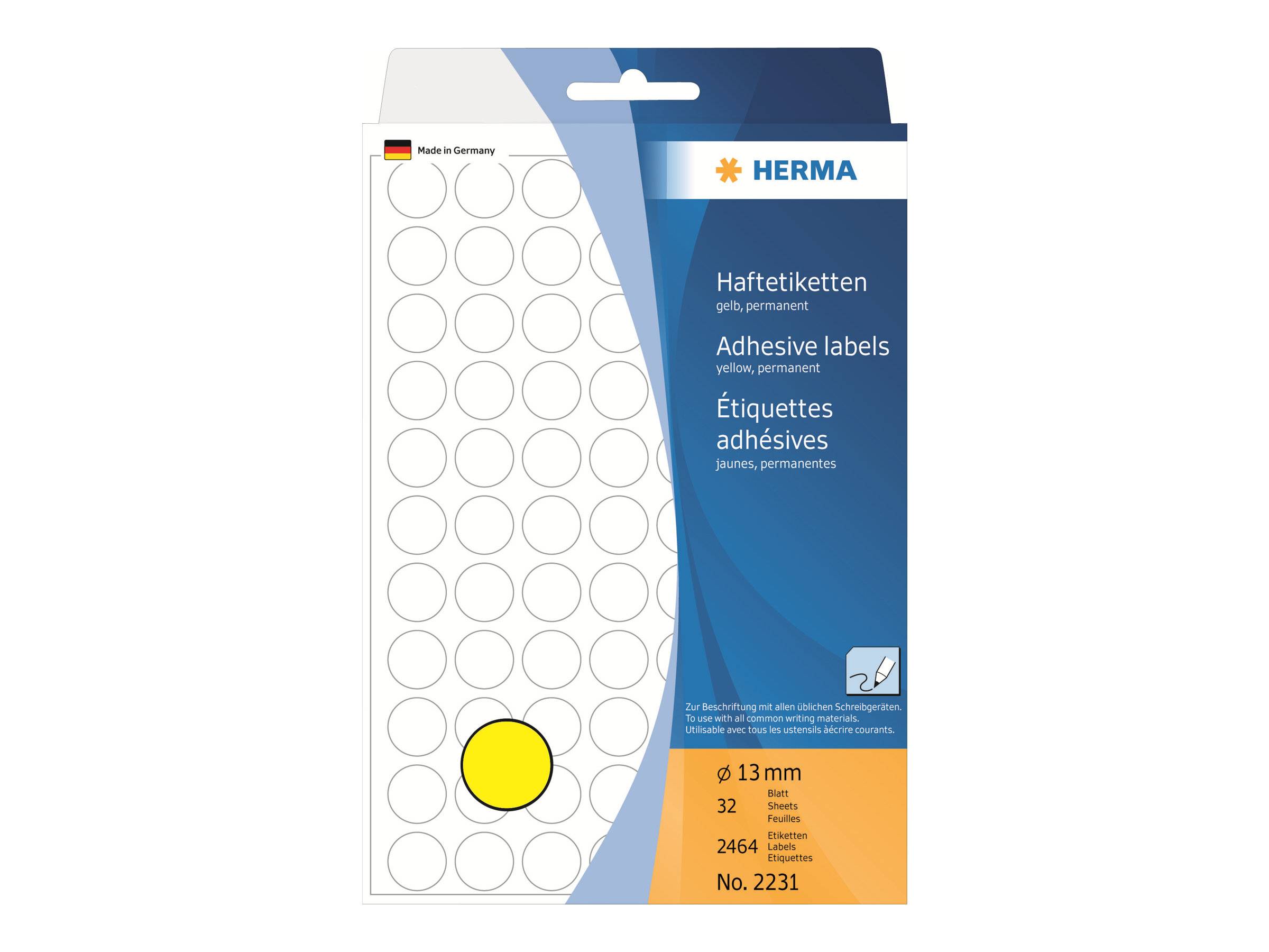 Packung HERMA Selbstklebeetiketten, rund, gelb, 13 mm Durchmesser, 32 Etiketten pro Blatt.