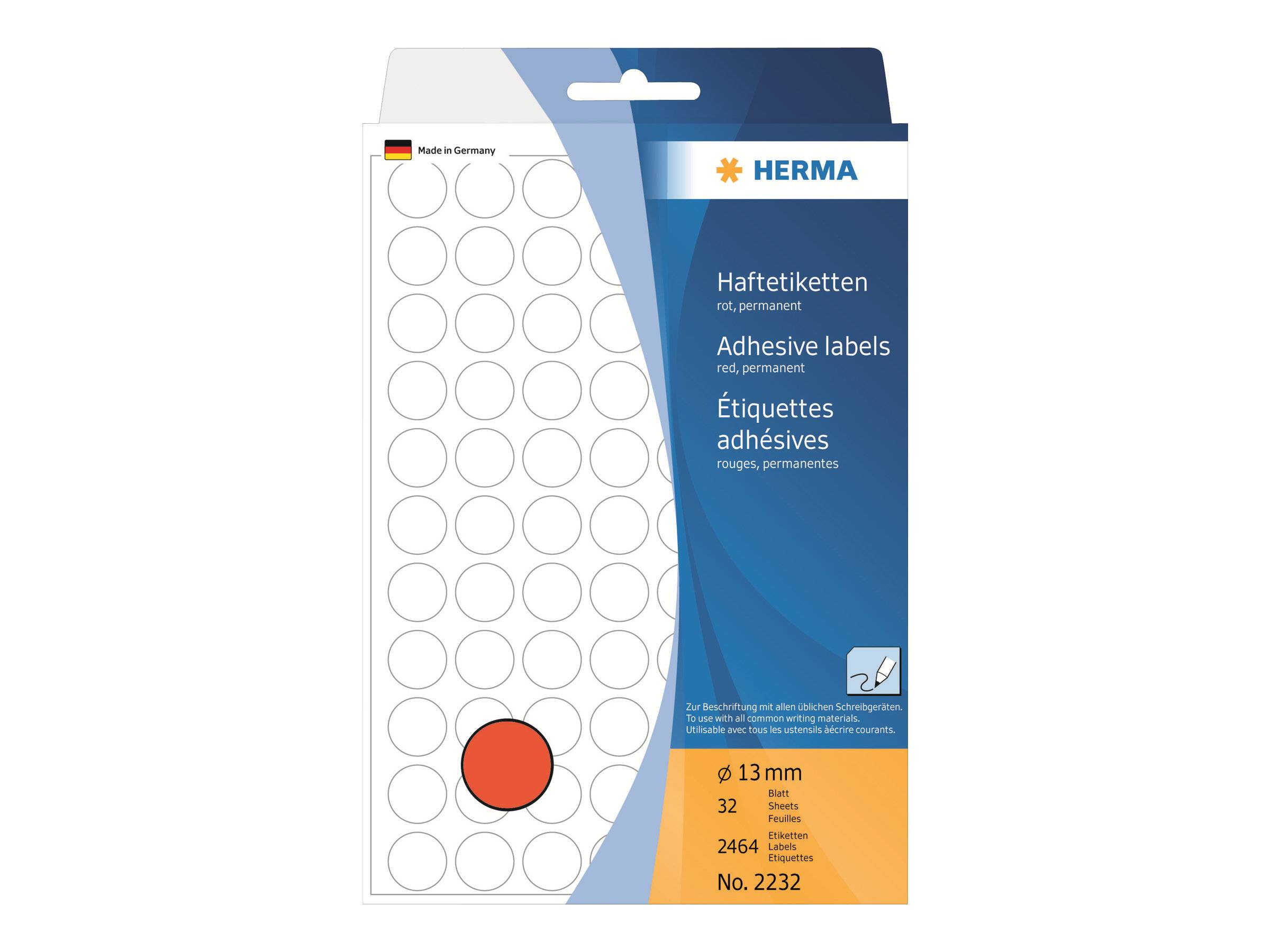 Packung mit HERMA Klebeetiketten, rot permanent, mit 32 runden 13 mm Etiketten auf einem Blatt, Produktnummer 2232.