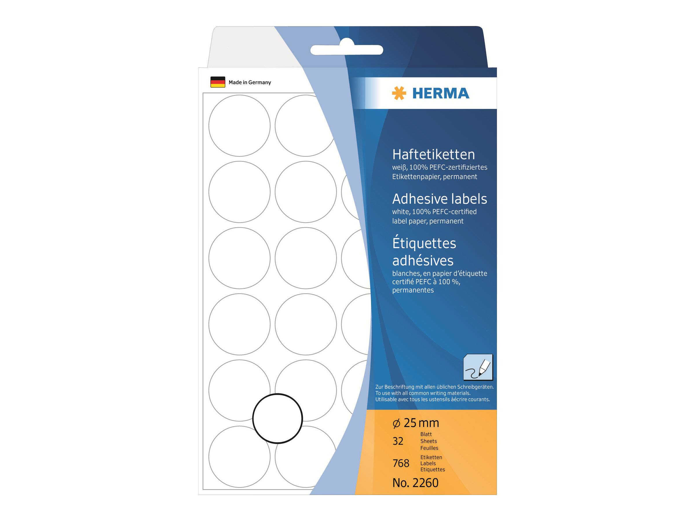 Packung mit HERMA-Haftetiketten mit runden weißen Etiketten, 25 mm Durchmesser, 32 Blatt, insgesamt 768 Etiketten.