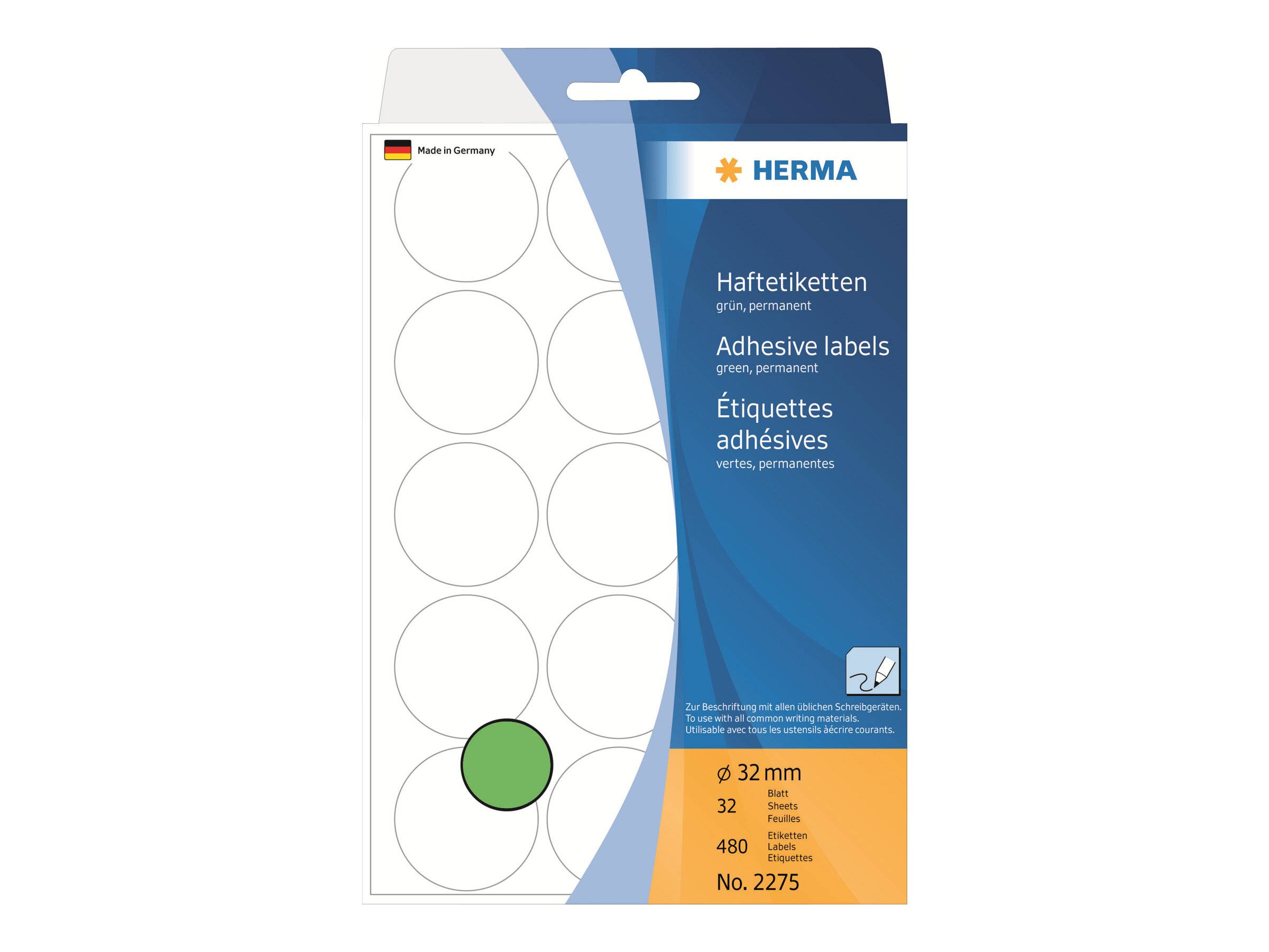 Packung HERMA grüne Etiketten mit permanentem Klebstoff, rund 32 mm, 480 Etiketten, Nr. 2275