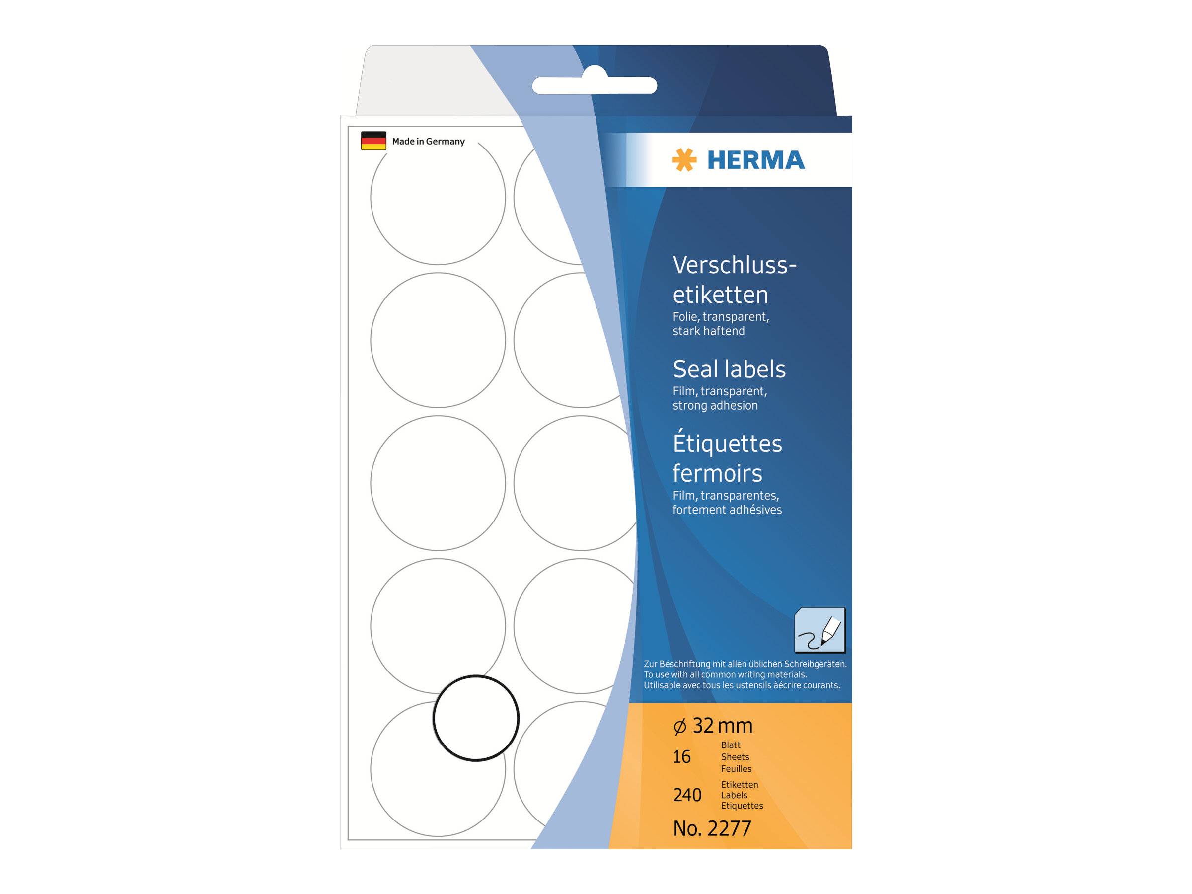 Packung HERMA Siegelaufkleber zum Versiegeln, transparente, runde Etiketten, 32 mm, 16 Blatt, insgesamt 240 Etiketten.