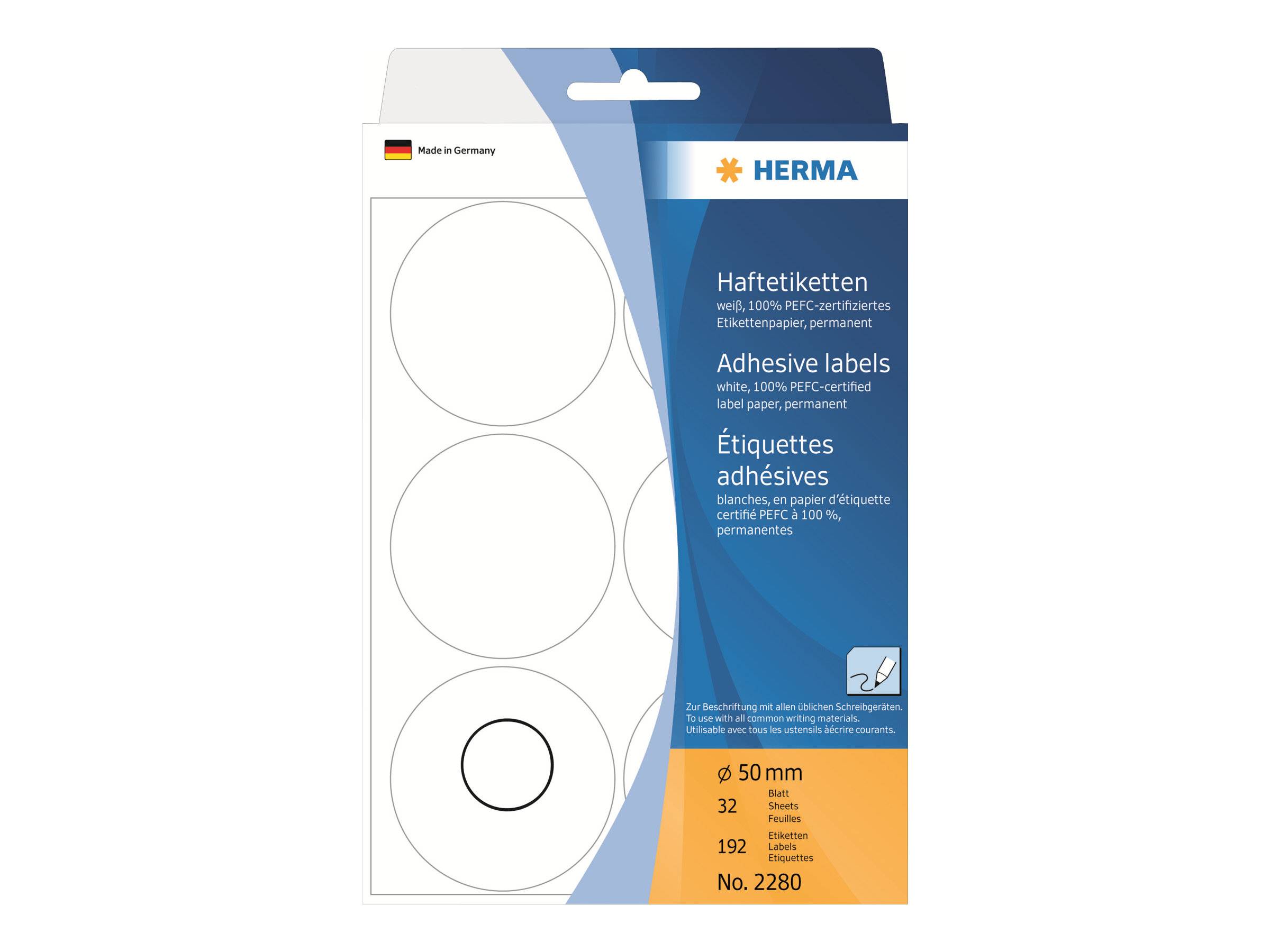Packung HERMA Haftetiketten, weiße runde Etiketten, 50 mm Durchmesser, 32 Blatt mit 192 Etiketten, Artikelnummer 2280.