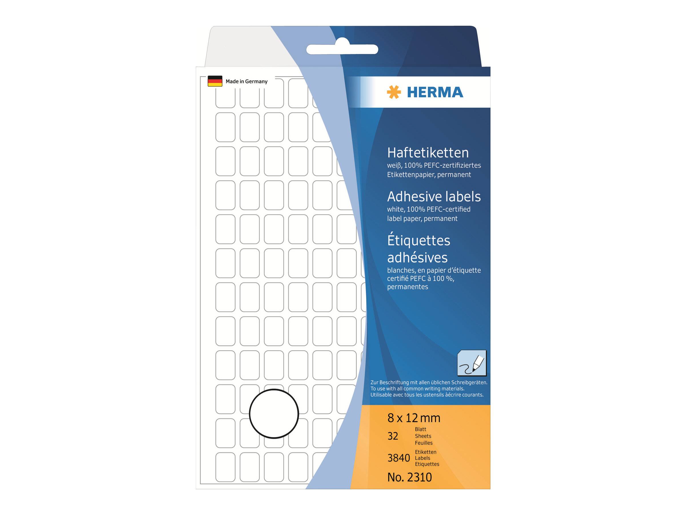 Paket mit HERMA Klebeetiketten, Größe 8 x 12 mm, 3840 weiße Etiketten auf Bögen, Nr. 2310.