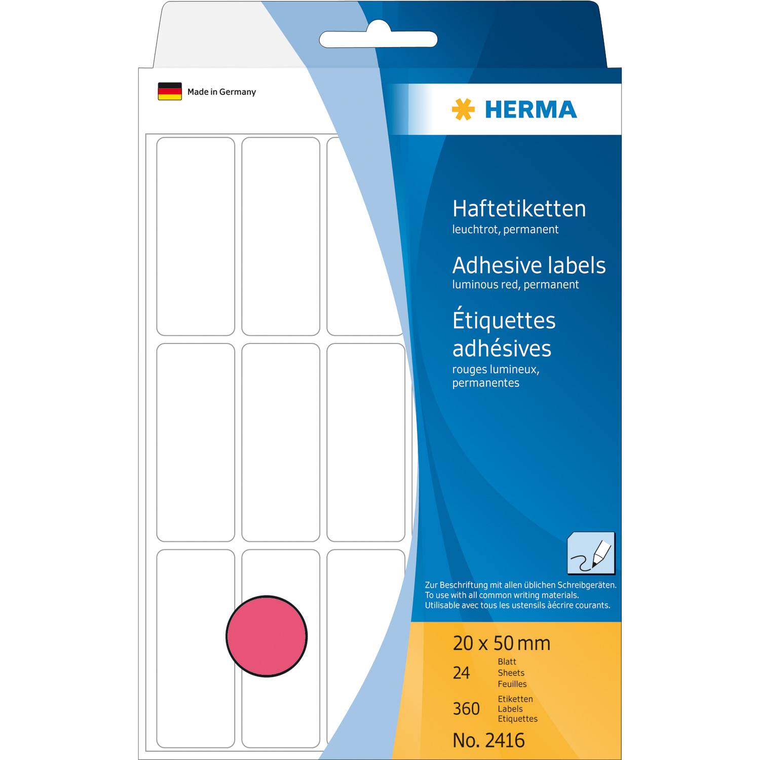 HERMA - Permanenter Klebstoff - Luminous Red - 20 x 50 mm 360 Etikett(en) (24 Bogen x 15)