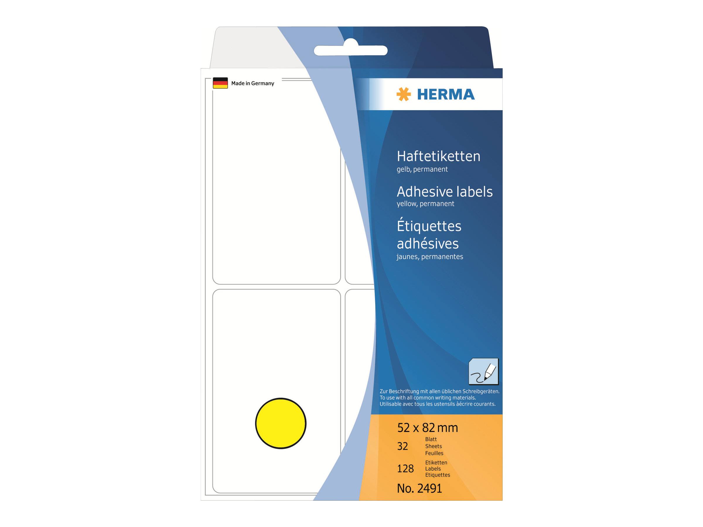 HERMA - Permanenter Klebstoff - Gelb - 52 x 82 mm 128 Etikett(en) (32 Bogen x 4)