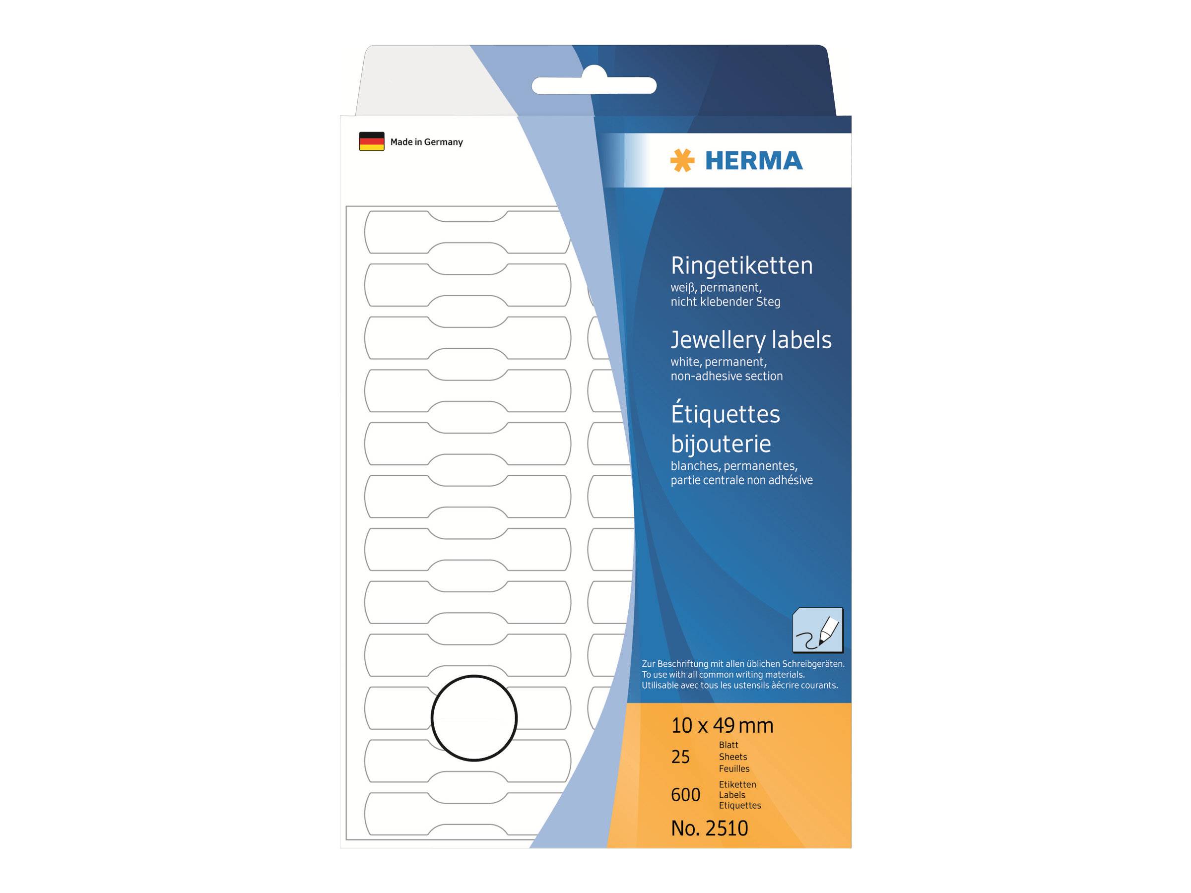 Packung HERMA weiße permanente Schmuckaufkleber, 10 x 49 mm, 25 Blatt, 600 Etiketten, Nr. 2510
