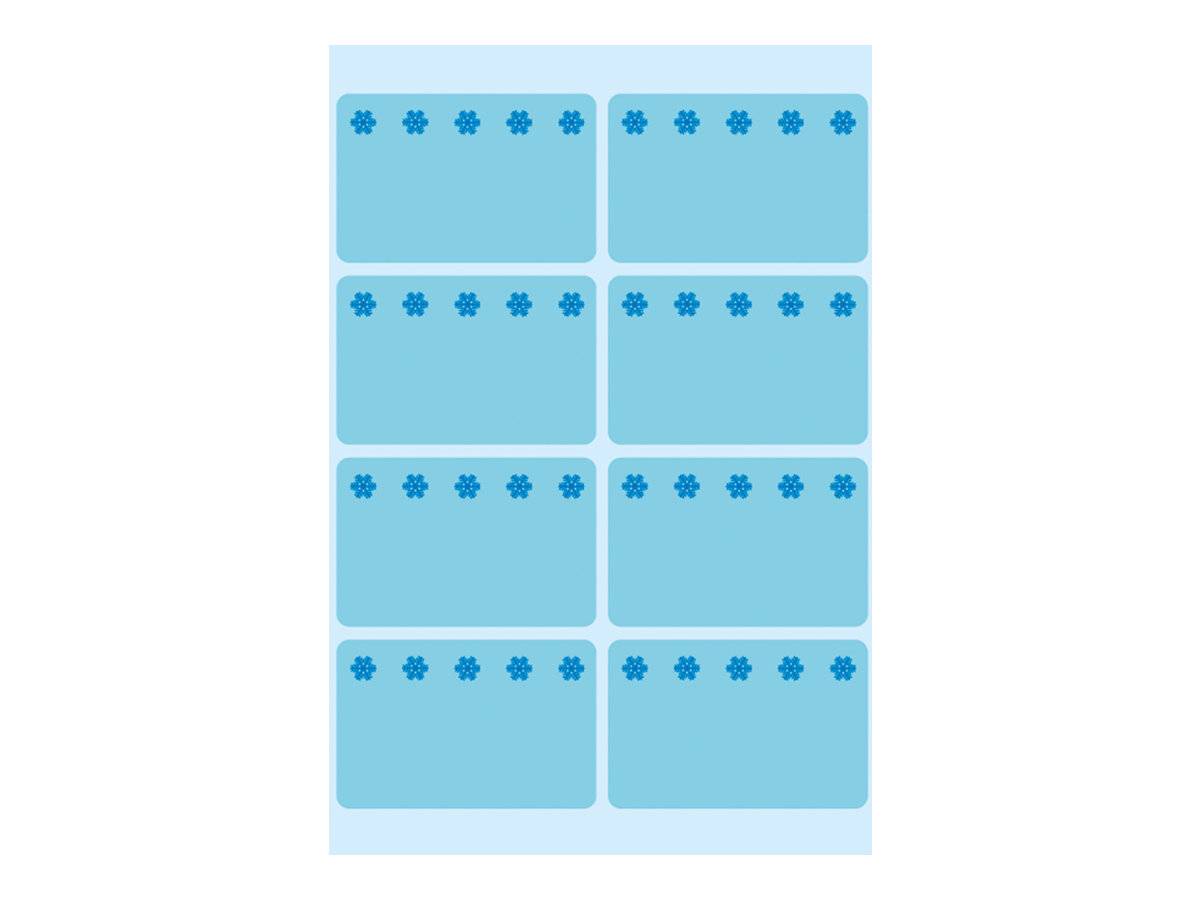 Ein Blatt mit acht blanken hellblauen Aufklebern, die in zwei Spalten und vier Reihen angeordnet sind, jeder mit einer Reihe kleiner dunkelblauer Blumensymbole oben.