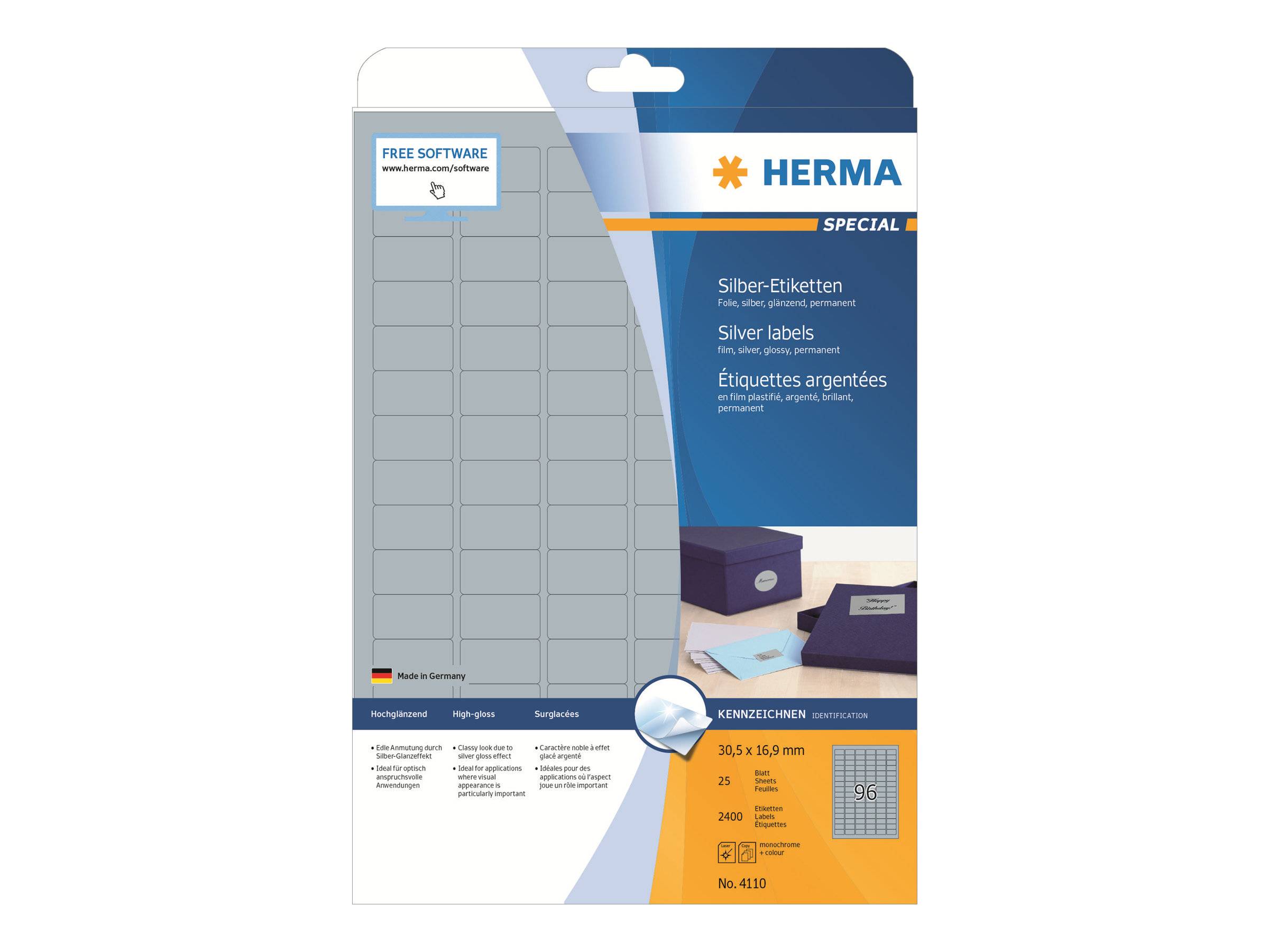 HERMA Special - Polyester - glänzend - permanent selbstklebend - Silber - 30.5 x 16.9 mm 2400 Etikett(en) (25 Bogen x 96