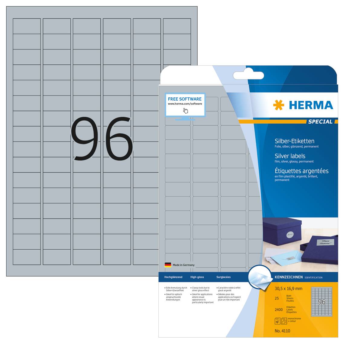 HERMA Special - Polyester - glänzend - permanent selbstklebend - Silber - 30.5 x 16.9 mm 2400 Etikett(en) (25 Bogen x 96
